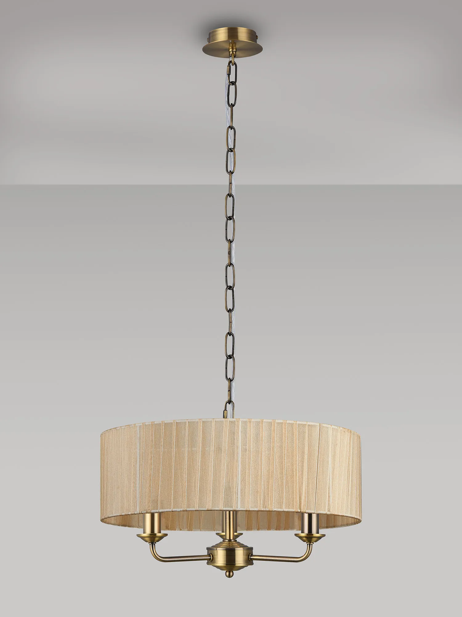 Banyan 3 Light Multi Arm Pendant With 45cm x 15cm Organza Shade Antique Brass/Soft Bronze DK0869  Deco Banyan AB SB